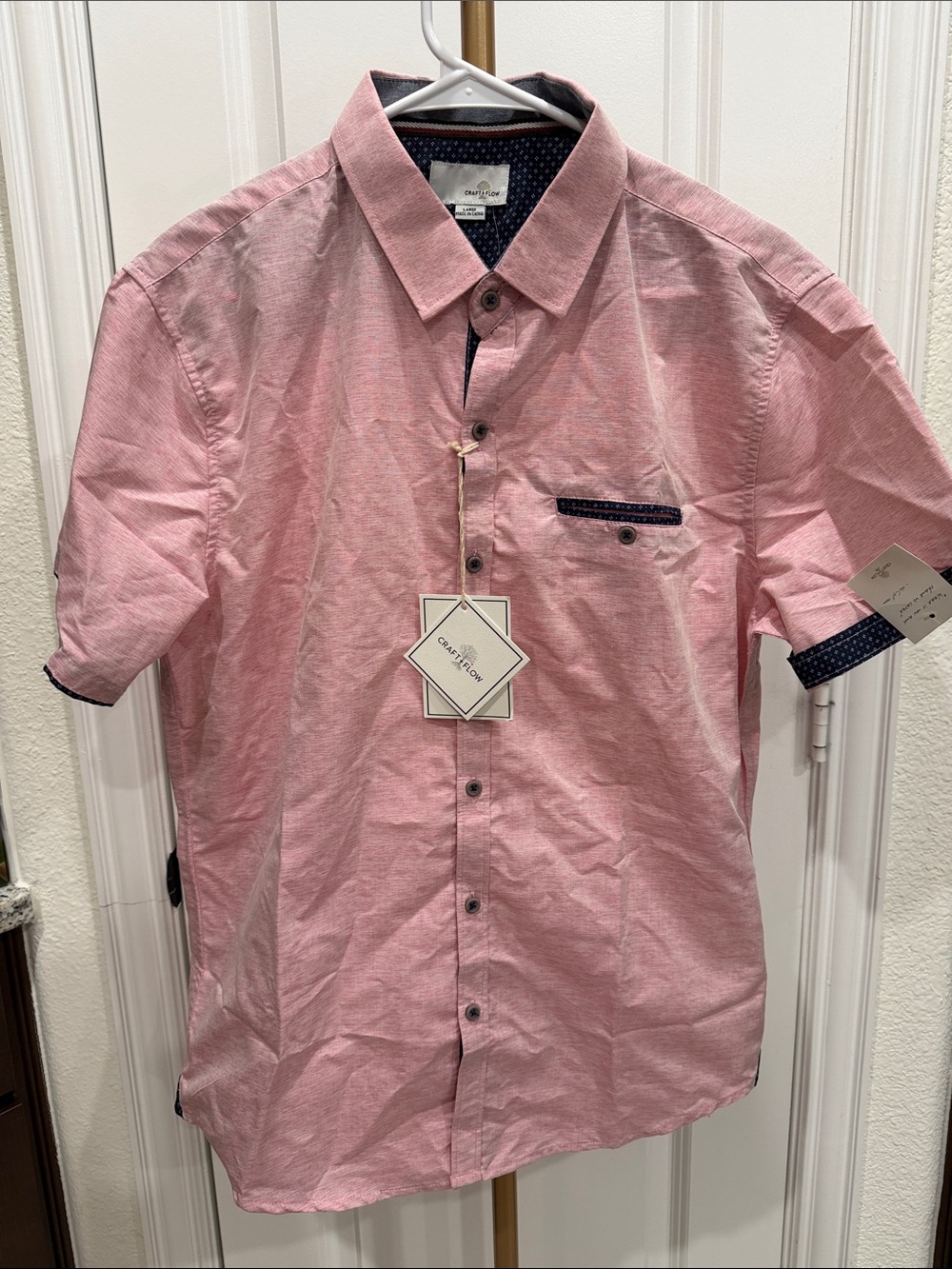 Craft+Flow Men’s Pink Short Sleeve Button-Down with Navy Trim